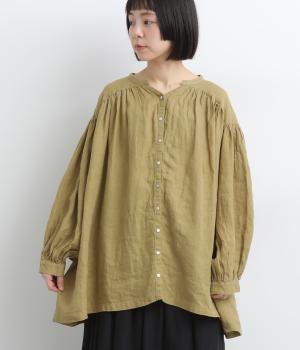 リネンシャンブレー前あきギャザーブラウス(マスタード-F)