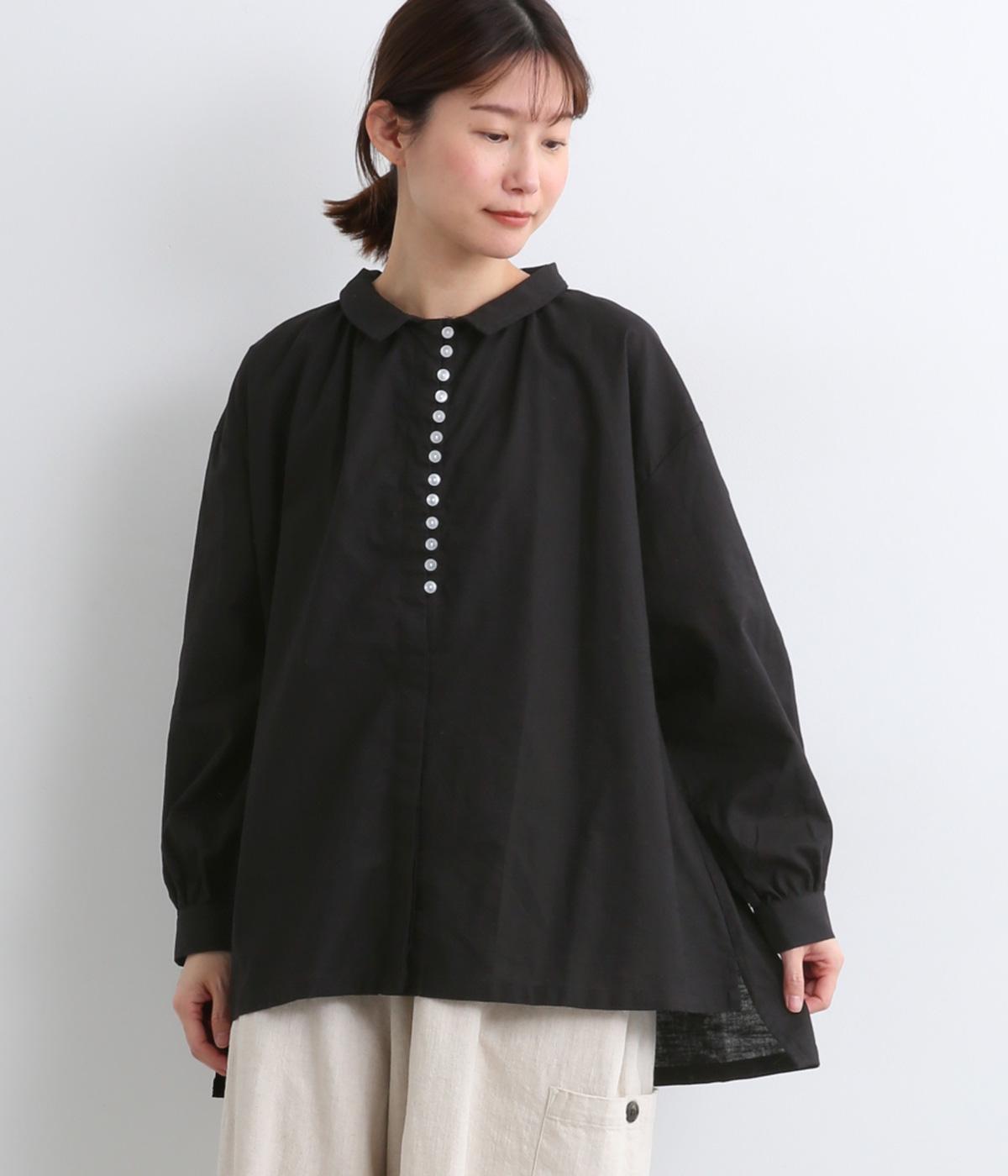 コットンリネン多ボタン前あきブラウス(ブラック-F)
