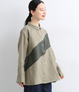 9番手リネンシャツ襟付き配色切り替えブラウス
