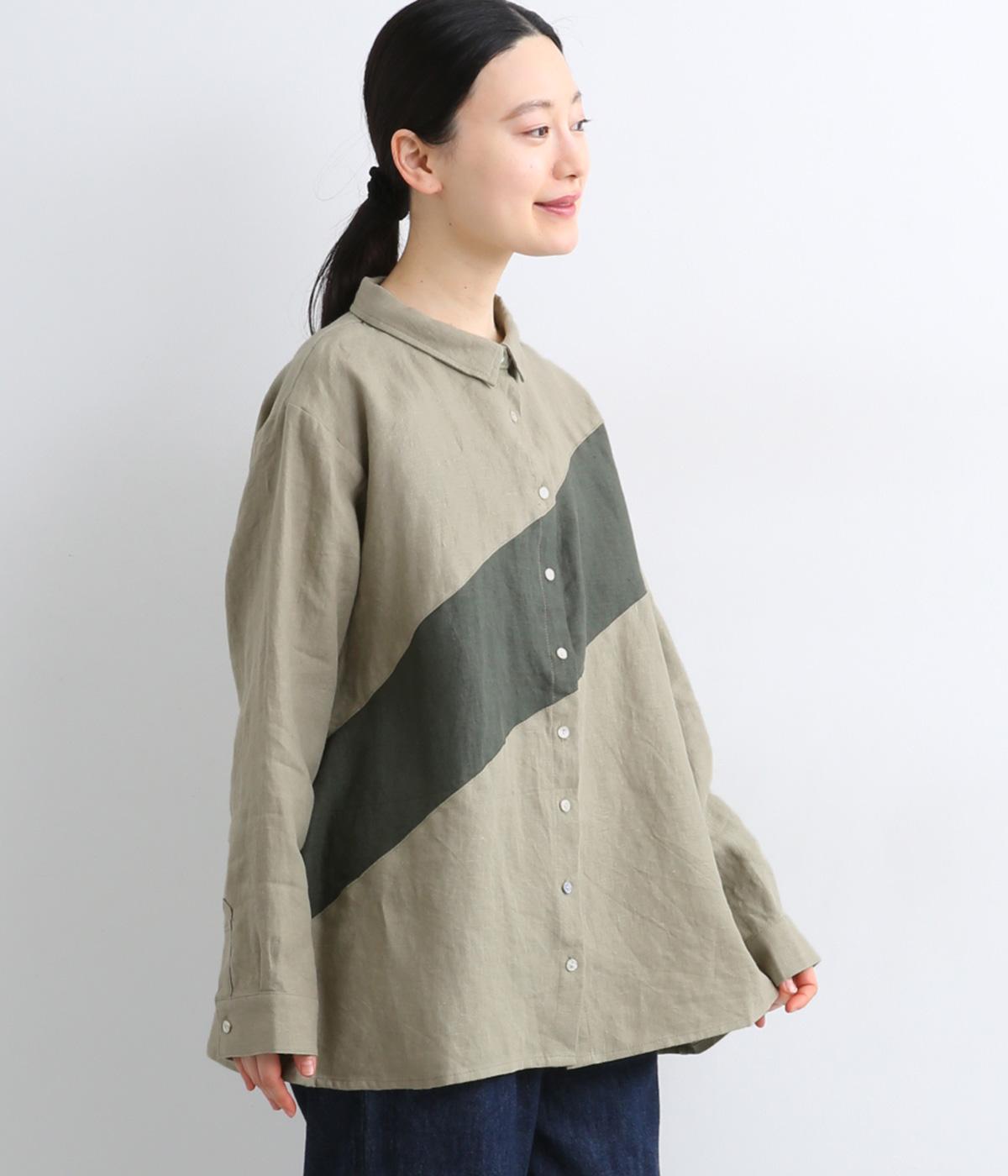 9番手リネンシャツ襟付き配色切り替えブラウス(ベージュ×モスグリーン-F)