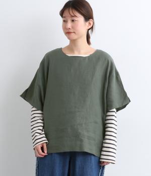 9番手リネン袖口スリットプルオーバー(モスグリーン-F)