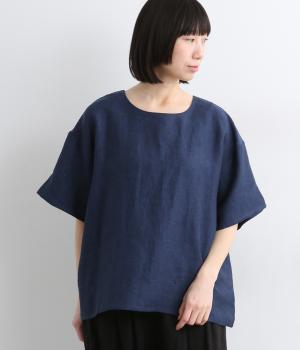 9番手リネン袖口スリットプルオーバー(インディゴ-F)