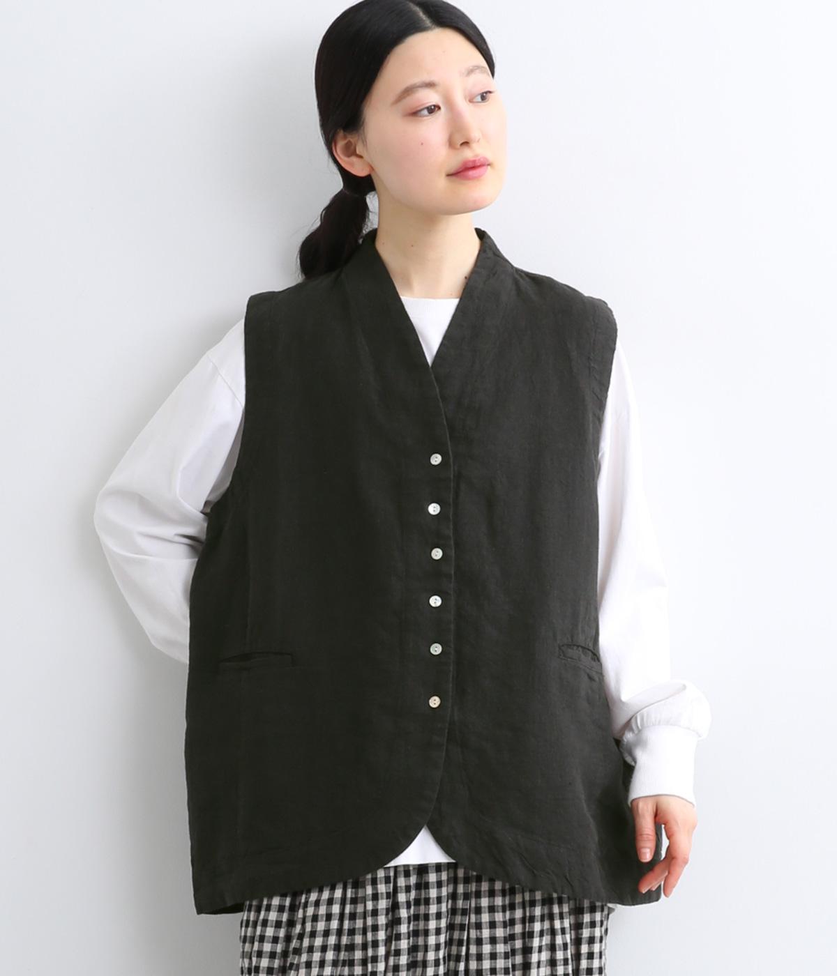 9番手リネン立ち襟ベスト(ポケット付き)(ブラック-F)