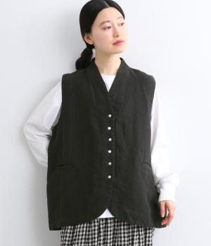 9番手リネン立ち襟ベスト(ポケット付き)(ブラック-F)