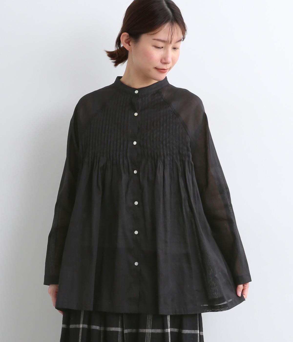 ラミーコットンラグランスリーブタックブラウス(ブラック-F)