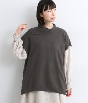コットンリネンニットショール風襟プルオーバー(チャコールブラウン-F)