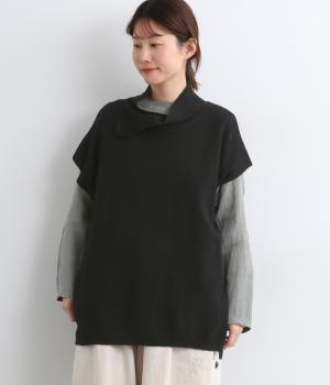 コットンリネンニットショール風襟プルオーバー(ブラック-F)