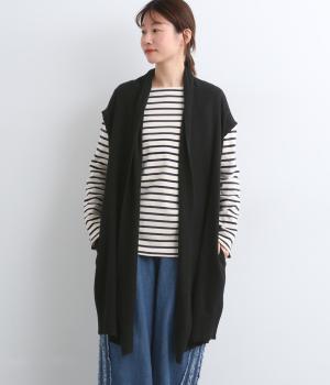 コットンリネンニット鹿の子あみノースリーブ羽織(ブラック-F)