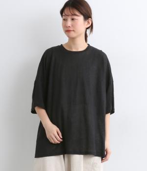 リネンカットソーワイドシルエットTシャツ(ブラック-F)