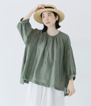 リネンシャンブレー　多ボタンふんわりブラウス(ダルグリーン-F)
