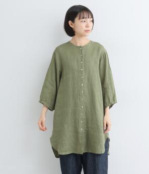 リネンシャンブレー前あきチュニック(ダルグリーン-F)
