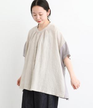 ヨーロピアンリネン　配色切り替えワイド前あきブラウス
