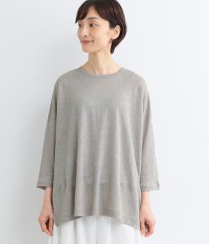 リネンカットソーギャザー切り替えTシャツ(グレー-F)