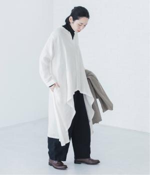 14番手リネン　スキッパーネック前後差チュニックワンピース（オフ・F）