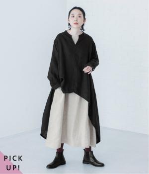 14番手リネン　スキッパーネック前後差チュニックワンピース（ブラック・F）