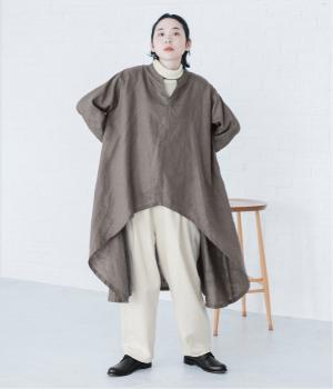 14番手リネン　スキッパーネック前後差チュニックワンピース（チャコール・F）