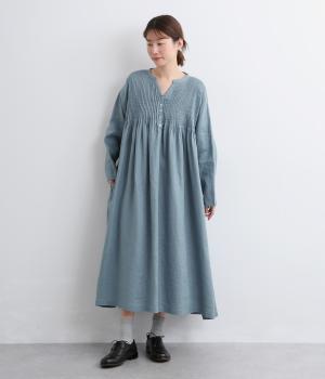 14番手リネンピンタックヘンリーワンピース(アッシュブルー-F)