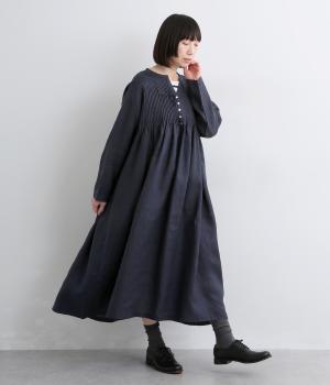 14番手リネンピンタックヘンリーワンピース(ネイビー-F)