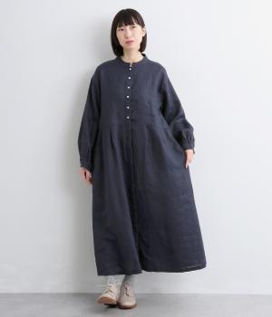 14番手リネンウエストタック切り替えワンピース(ネイビー-F)