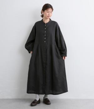 14番手リネンウエストタック切り替えワンピース(ブラック-F)