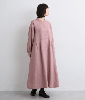 14番手リネンウエストタック切り替えワンピース(ダスティピンク-F)