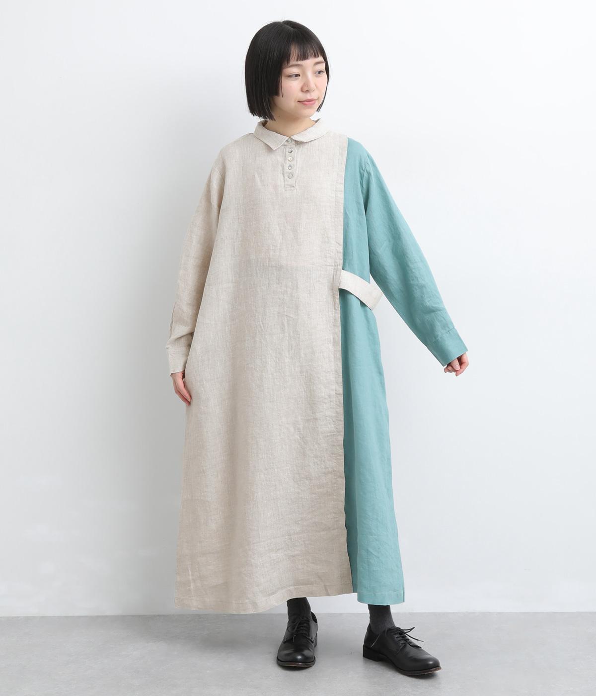 14番手リネン配色切り替えシャツ襟ワンピース(キナリ×ペールブルー-F)