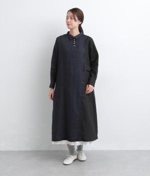 14番手リネン配色切り替えシャツ襟ワンピース(ネイビー×ブラック-F)