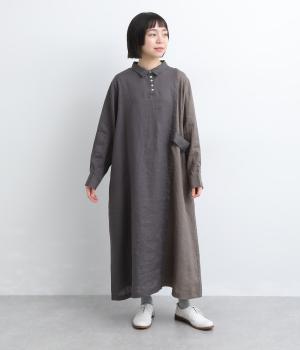 14番手リネン配色切り替えシャツ襟ワンピース(アッシュグリーン×チャコール-F)