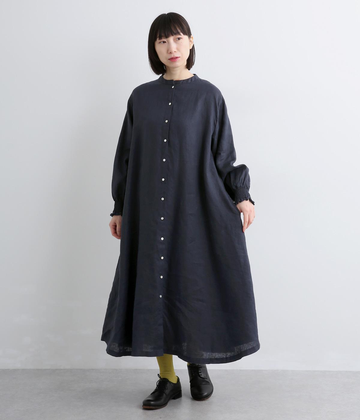 14番手リネン袖口ゴム前あきワンピース(ネイビー-F)