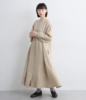14番手リネン袖口ゴム前あきワンピース(キナリ-F)
