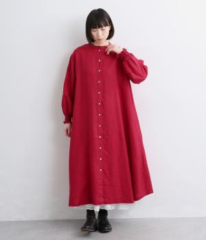 14番手リネン袖口ゴム前あきワンピース(レッド-F)