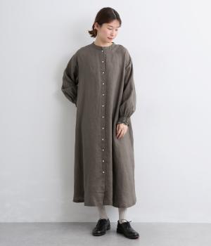 14番手リネン袖口ゴム前あきワンピース(チャコール-F)