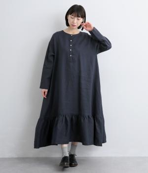 14番手リネン2way裾ギャザー切り替えワンピース(ネイビー-F)