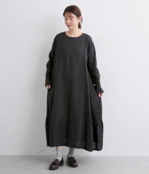 14番手リネン2way裾ギャザー切り替えワンピース(ブラック-F)