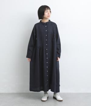 14番手リネンアシンメトリー切り替え前あきワンピース(ネイビー-F)