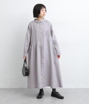 14番手リネンアシンメトリー切り替え前あきワンピース(スチールグレー-F)