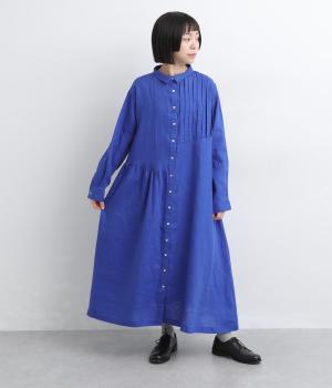 14番手リネンアシンメトリー切り替え前あきワンピース(ロイヤルブルー-F)