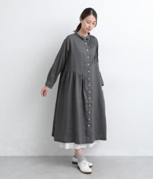 14番手リネンアシンメトリー切り替え前あきワンピース(アッシュグリーン-F)