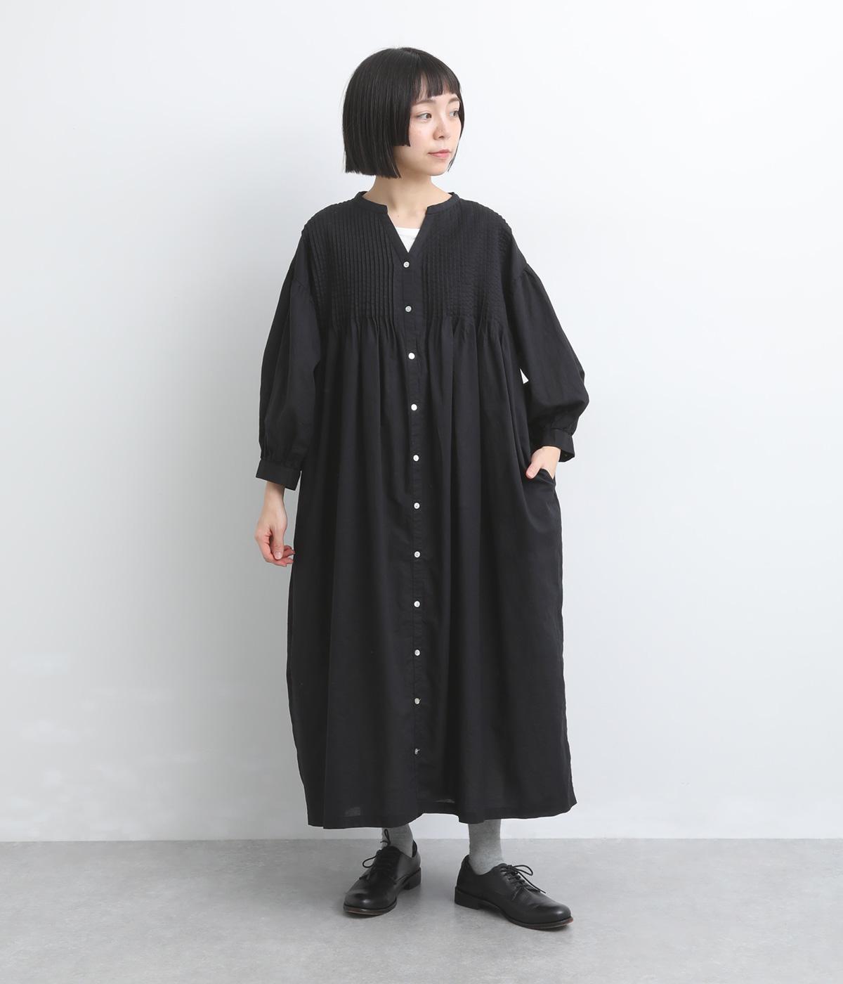 コットンリネンボイルピンタックワンピース(ブラック-F)