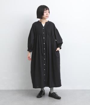 コットンリネンボイルピンタックワンピース(ブラック-F)