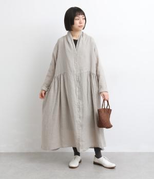 リネンシャンブレーガウンカラーギャザーワンピース(ベージュ-F)