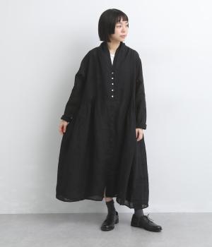 リネンシャンブレーガウンカラーギャザーワンピース(ブラック-F)