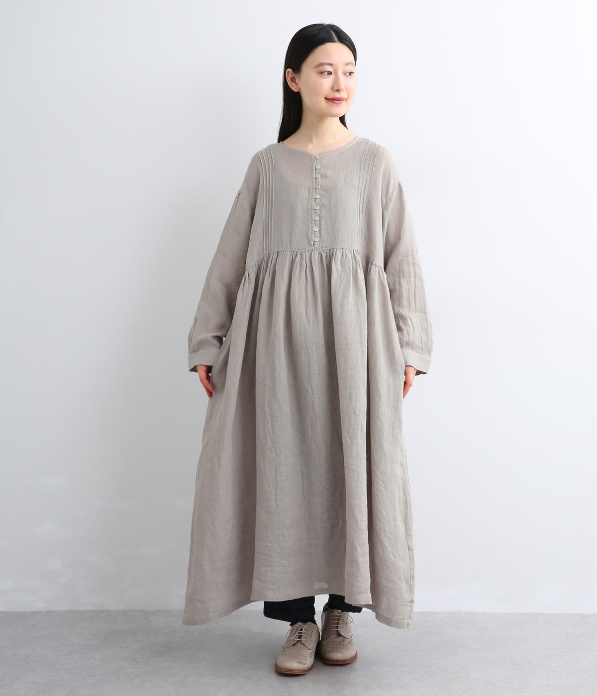 リネンシャンブレ-多ボタンサイドタックワンピース(ベージュ-F)