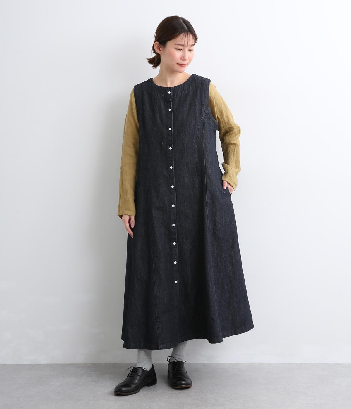 リネンコットンデニム2wayフレアーワンピース(インディゴ-F)