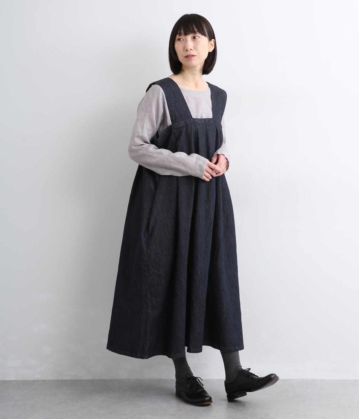 リネンコットンデニムタックジャンパースカート(インディゴ-F)
