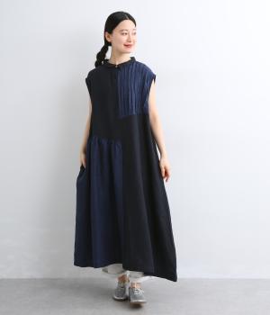 9番手リネンアシンメトリー切り替えワンピース(ネイビー×インディゴ-F)