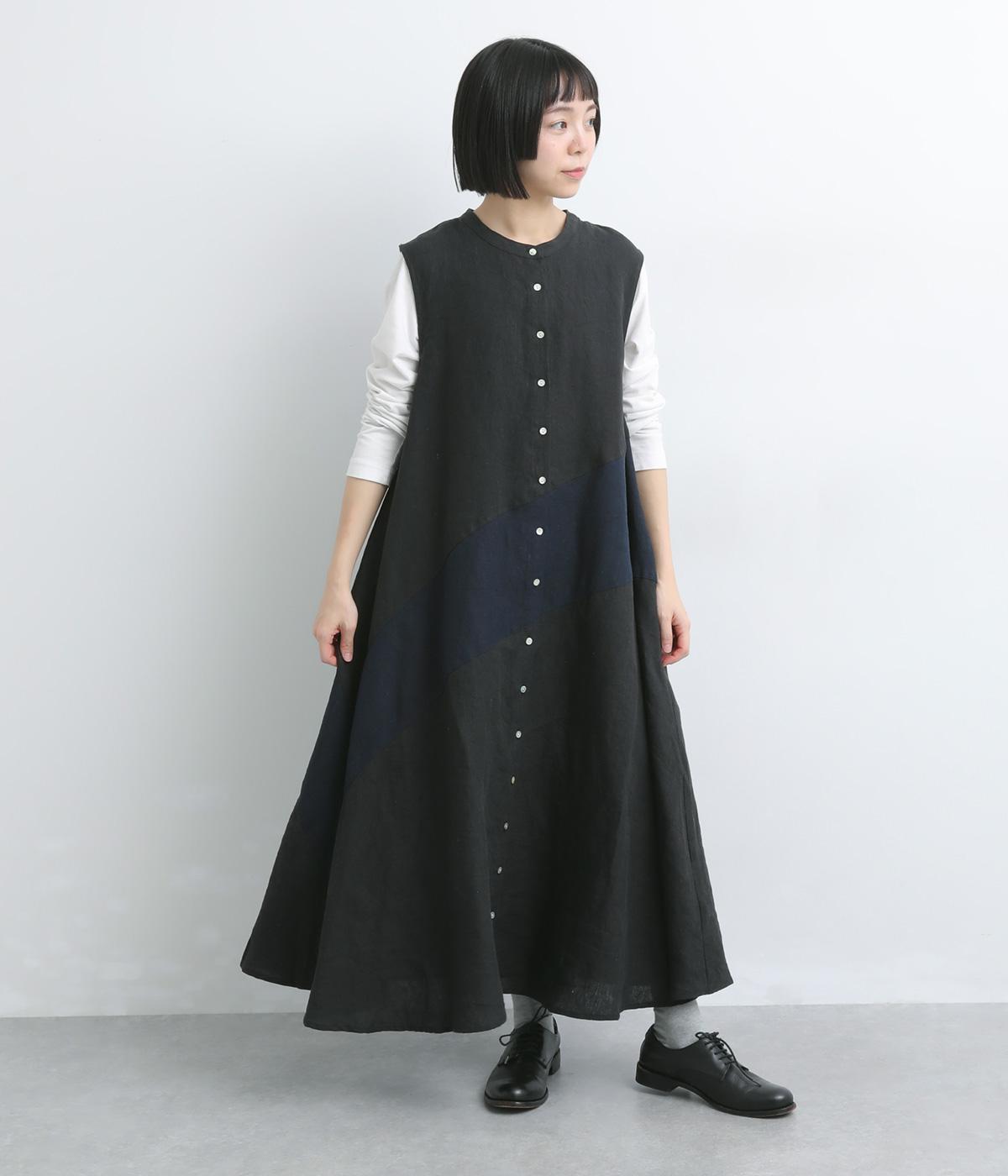 9番手リネン配色切り替えジャンパースカート(ブラック×ネイビー-F)
