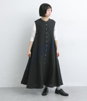 9番手リネン配色切り替えジャンパースカート(ブラック×ネイビー-F)