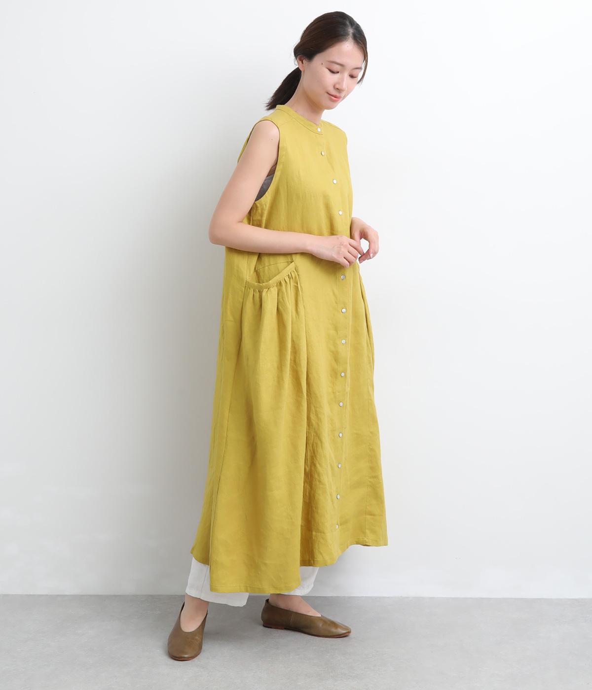9番手リネン脇ギャザー切り替えワンピース(シトロンイエロー-F)
