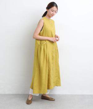 9番手リネン脇ギャザー切り替えワンピース(シトロンイエロー-F)